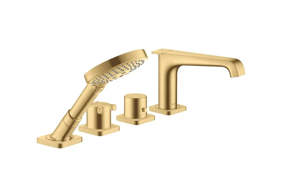 AXOR Citterio E 4-Loch-Armatur in Brushed Gold Optik, bestehend aus Wannenarmatur, Handbrause und Bedienelementen auf quadratischen Platten montiert.